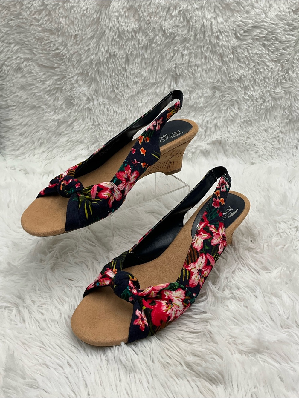 AEROSOLES Sandals Size 9.5 Black Floral Slingback Cork Wedge Sandals